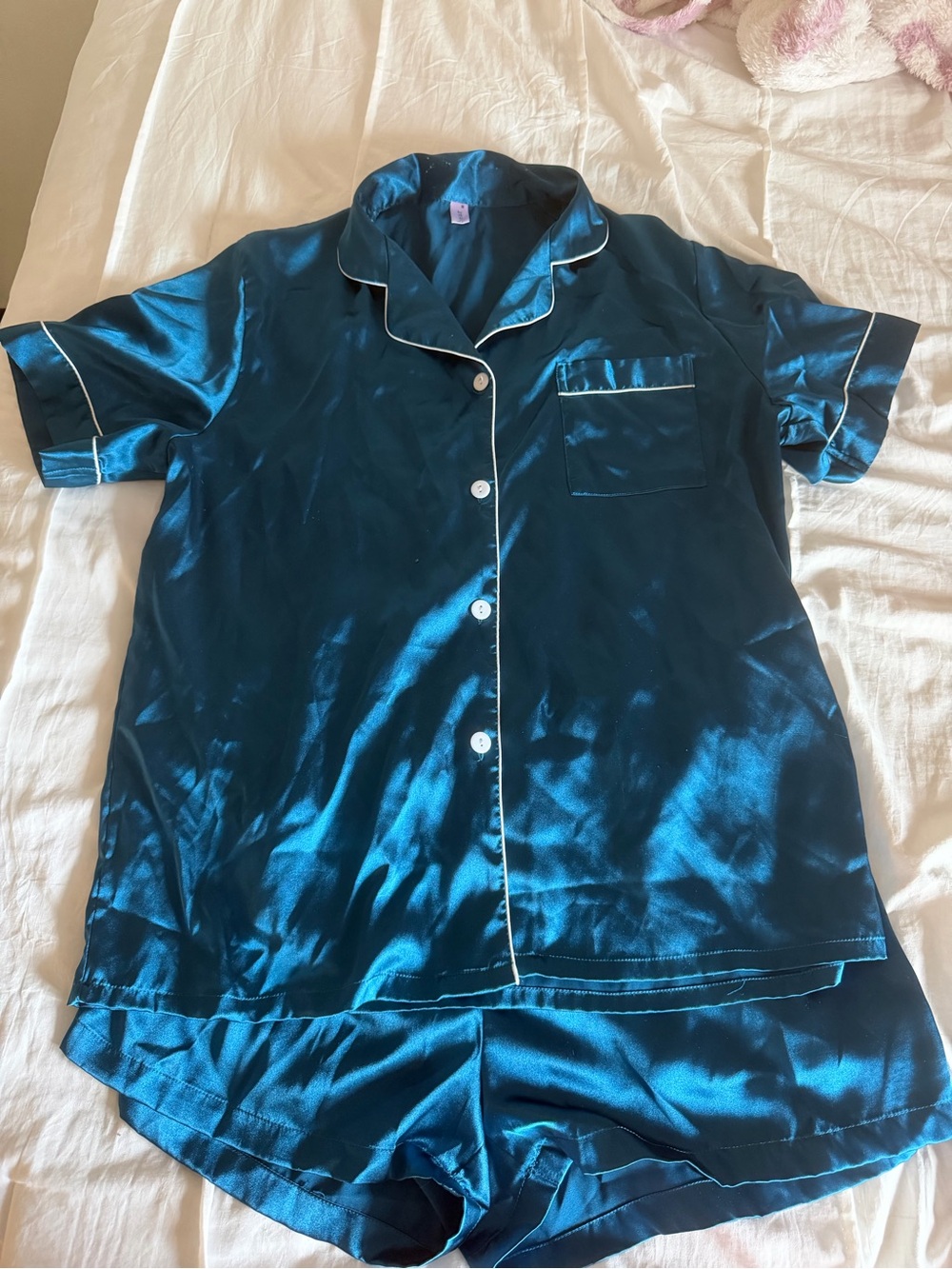 Silk Teal Short Sleeve Pajama Set with White Details - Picture 1 of 8
